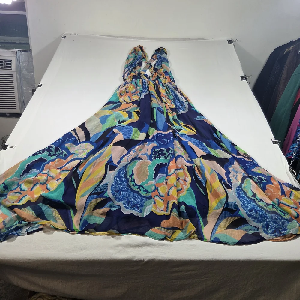 Alexander Farmer Anthropologie Multicolor Maxi Halter Maxi Dress Cross-Back XL - Picture 12 of 12
